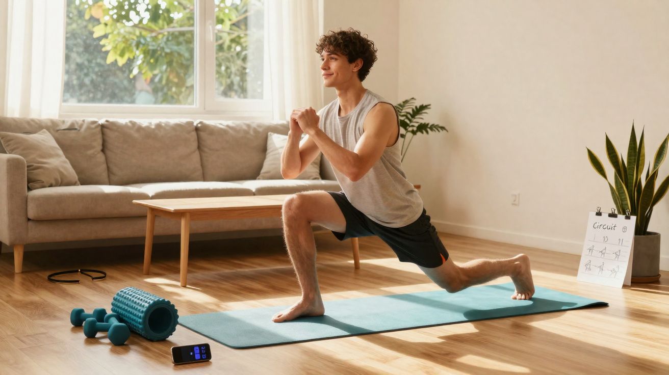 Young man exercising with lunges on a yoga mat in a bright living room at home.