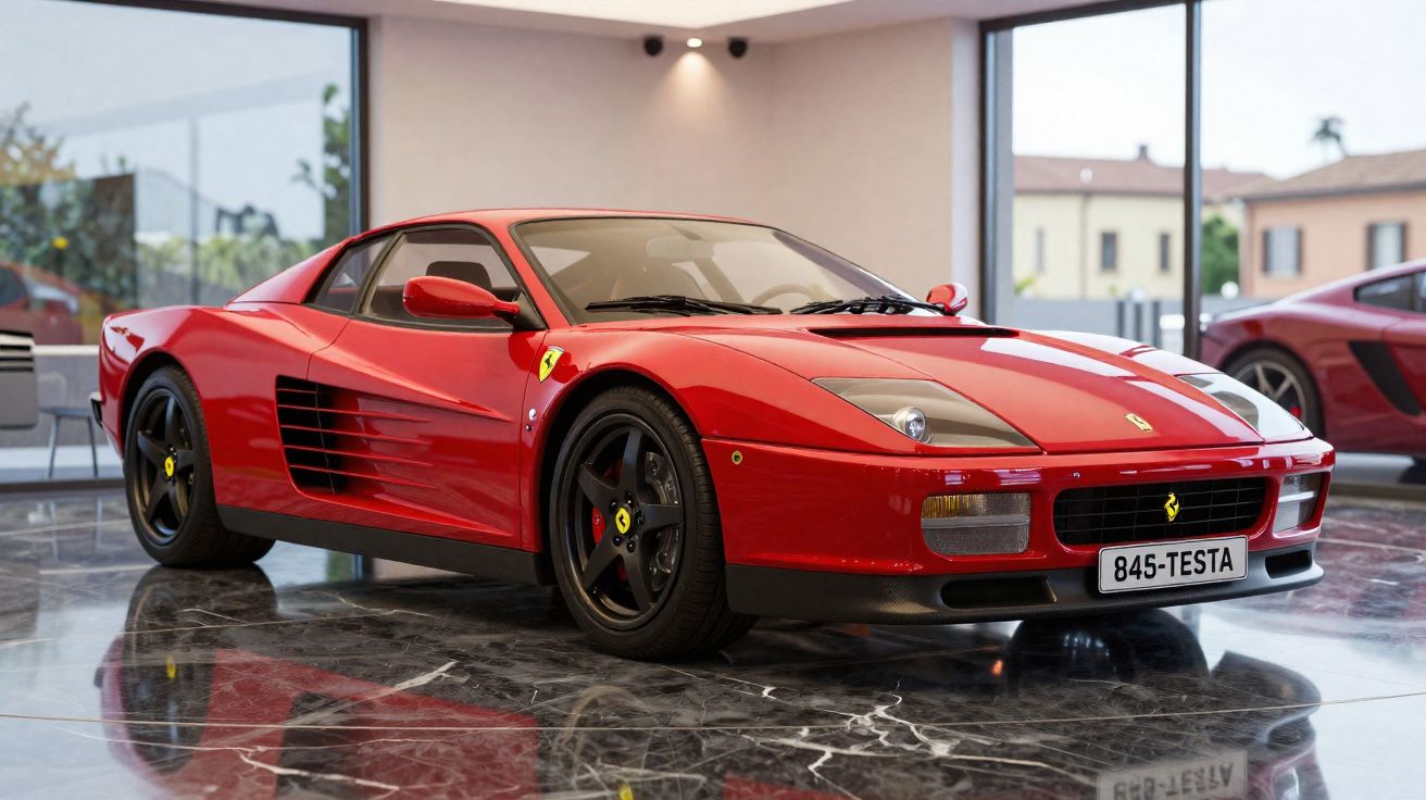 Red Ferrari sports car with black wheels displayed indoors on a polished marble floor with large windows.