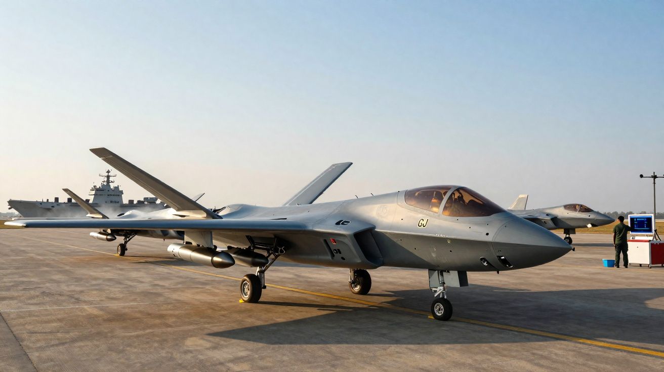 Two modern grey fighter jets parked on a sunlit airbase with a naval ship in the background and personnel nearby.