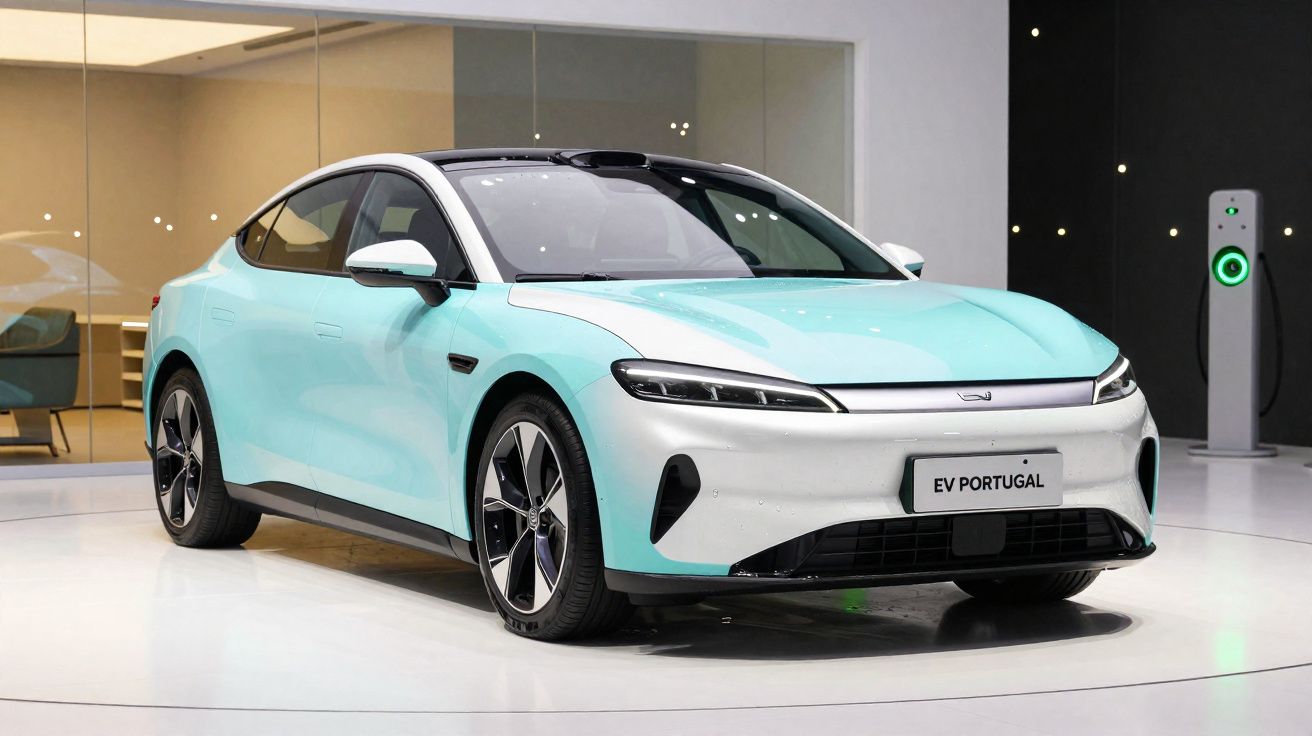 Light blue electric car on display indoors with charging station in the background and "EV Portugal" license plate.