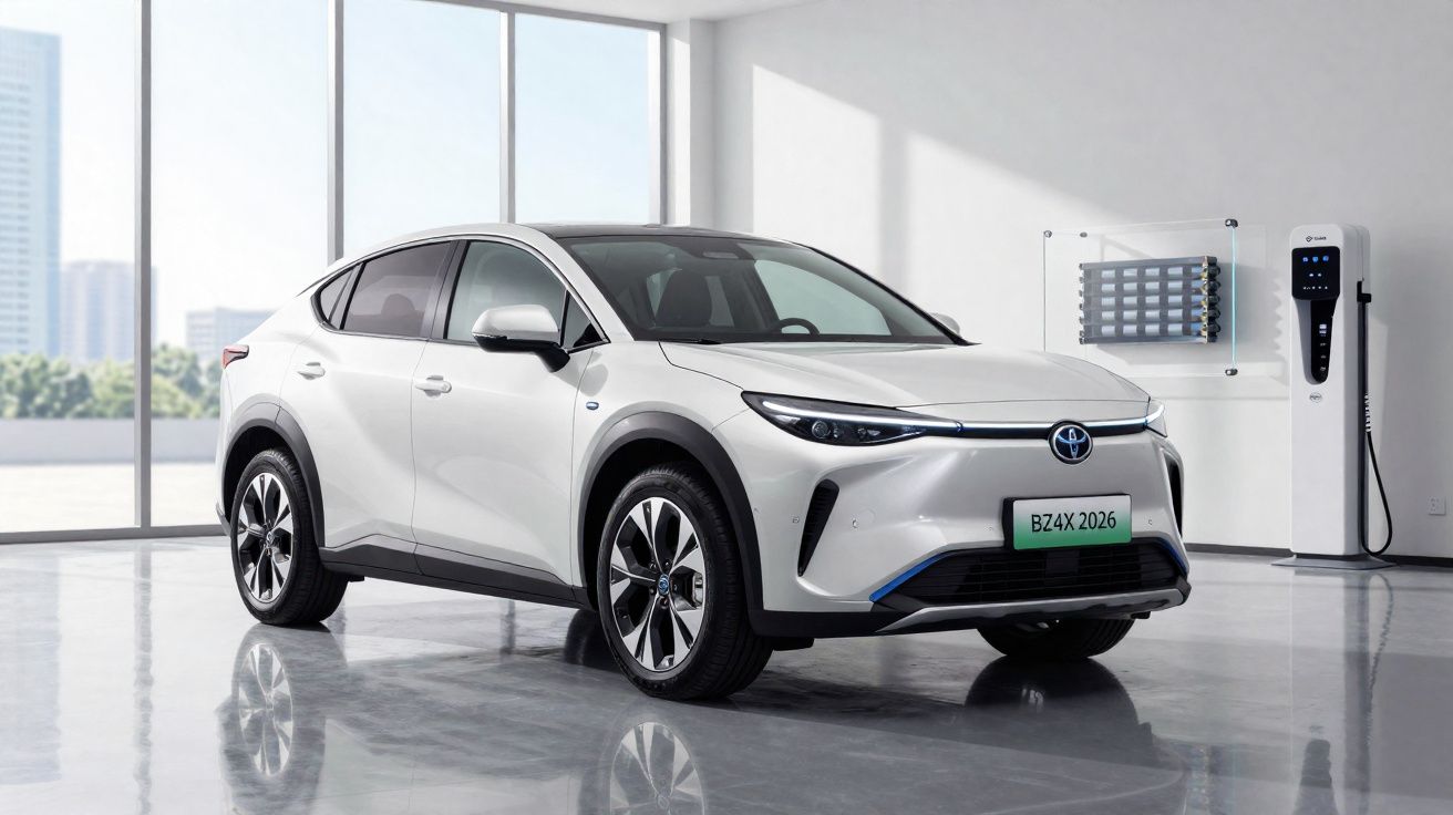 White Toyota BZ4X electric SUV parked indoors near a charging station with large windows in the background.