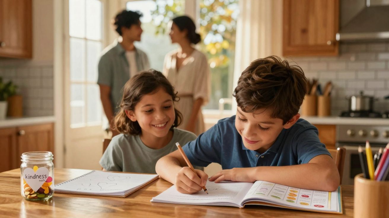 Two children doing homework at a kitchen table with parents talking in the background.