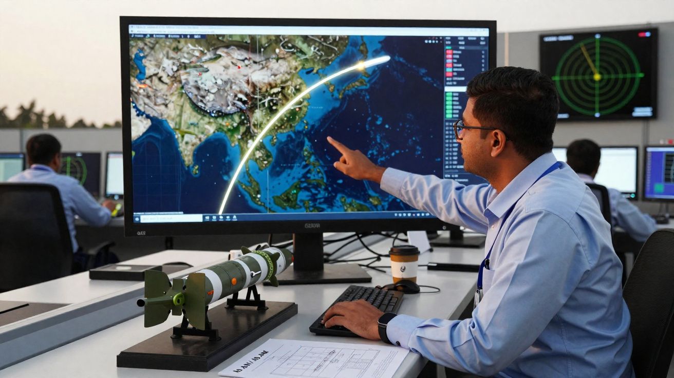 Man in office pointing at missile trajectory on large screen with missile model and radar display in background