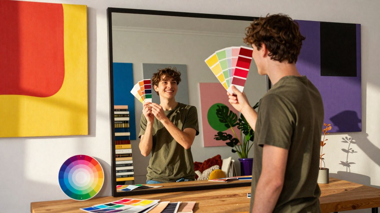 Young man holding colour swatches and smiling at himself in a mirror in a colourful art-filled room.