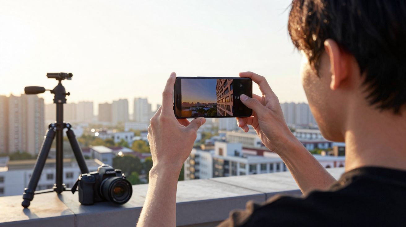 Person photographing a cityscape at sunset with a smartphone, alongside a tripod and camera on a rooftop.