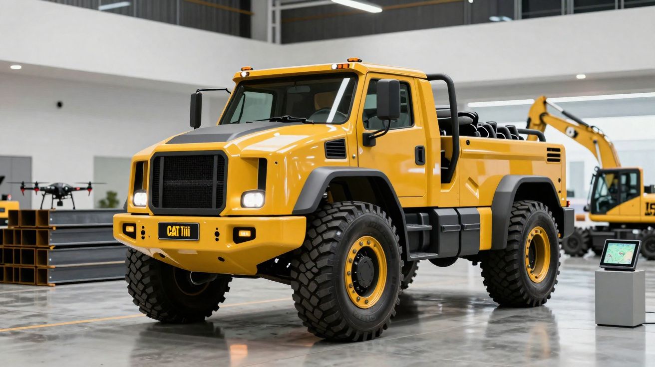 Yellow industrial heavy-duty Caterpillar truck displayed indoors with large rugged tyres and a tablet stand nearby.