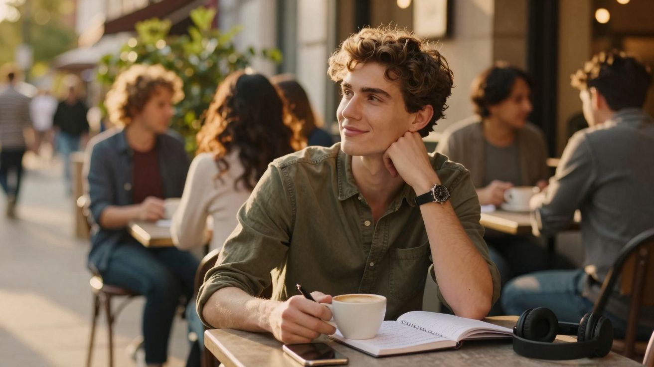 Young man with curly hair sitting at outdoor café table with coffee, notebook, and headphones, looking away thoughtfully.