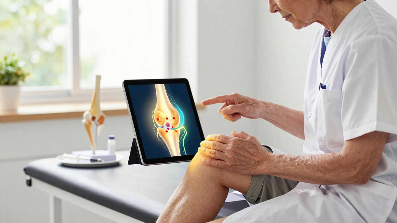 Doctor pointing at a digital knee joint scan on a tablet while examining a patient's knee in a clinic.