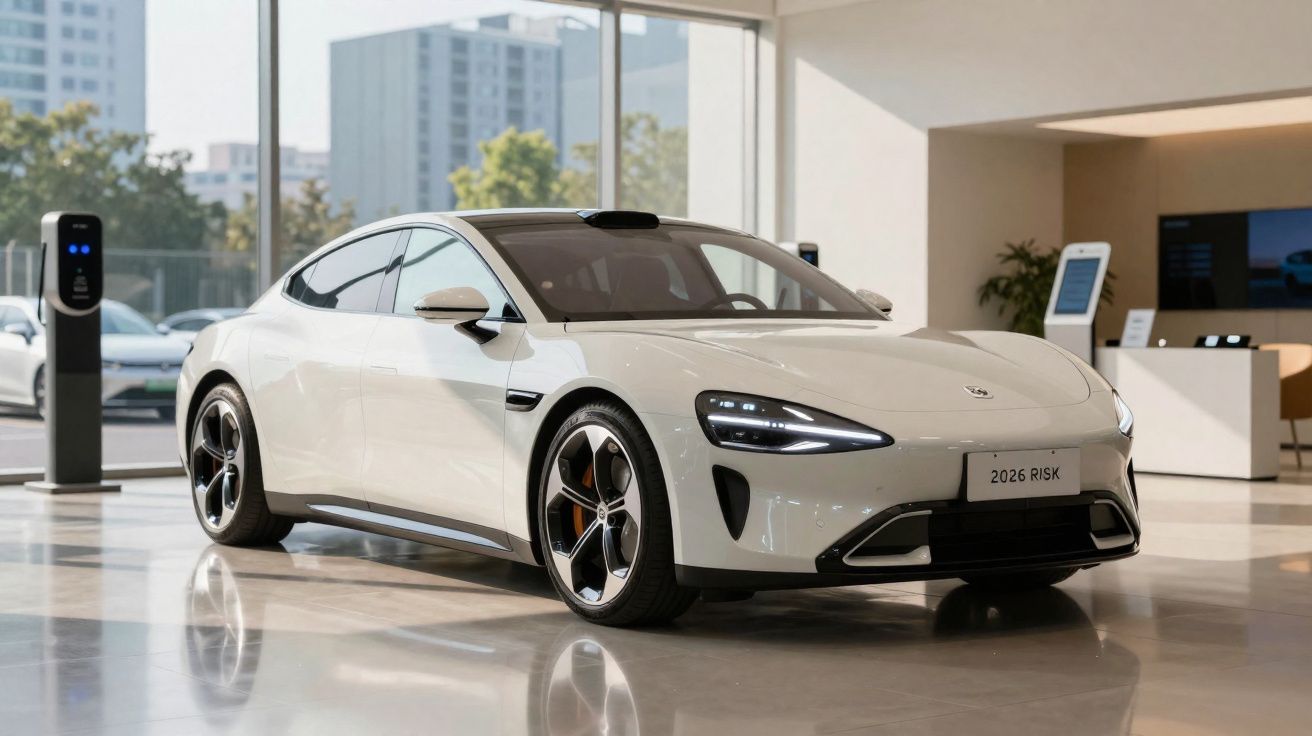 White electric sports car with modern design displayed in a bright showroom with charging station nearby