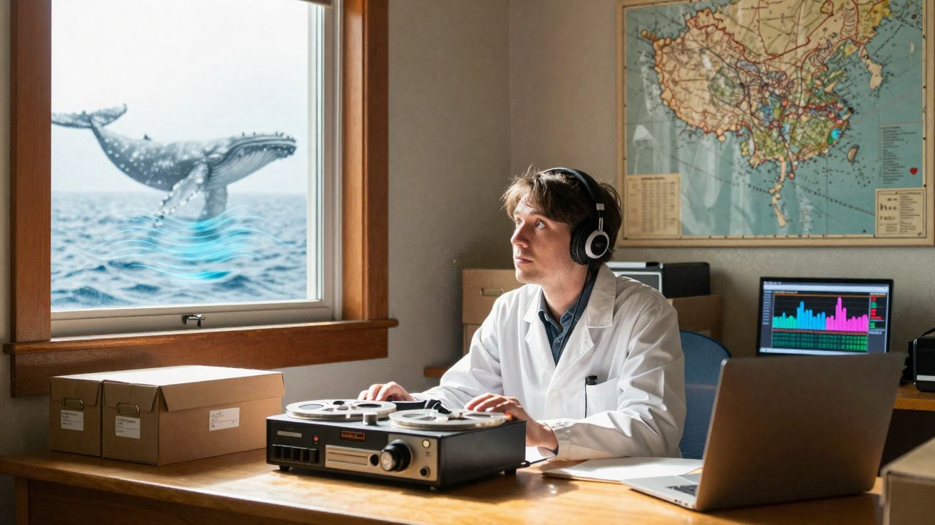 Scientist in lab coat listening to whale sounds with headphones, whale breaching outside window, office setting.