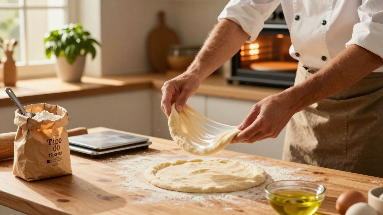 Person stretching pizza dough on a floured wooden countertop in a kitchen with baking ingredients nearby.