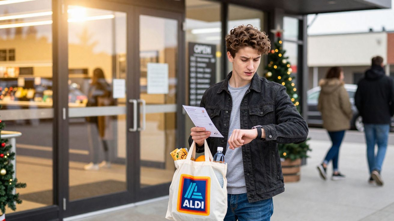 Young man holding Aldi shopping bag checks his watch outside a store decorated for Christmas.
