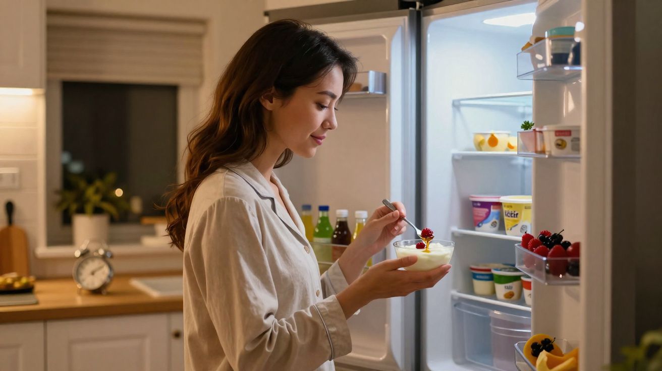 Woman in pajamas eating yogurt with berries by an open fridge in a softly lit kitchen at night.