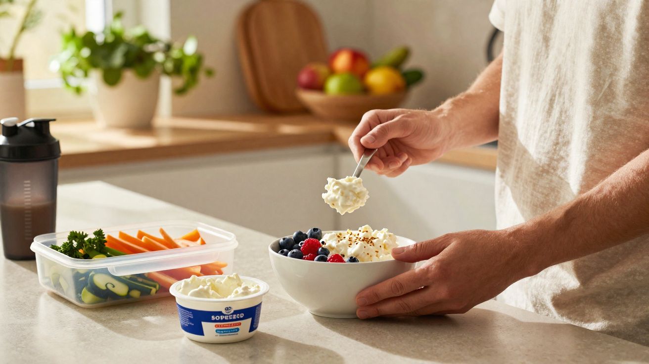 Person spooning cottage cheese onto a fruit bowl with a container of vegetables and protein shake in the kitchen.