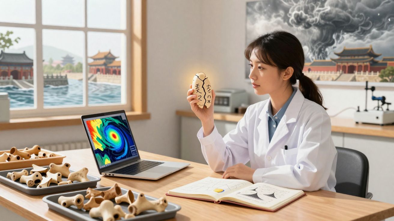 Scientist in lab coat examining a glowing object shaped like a peanut with notes and trays of models nearby.