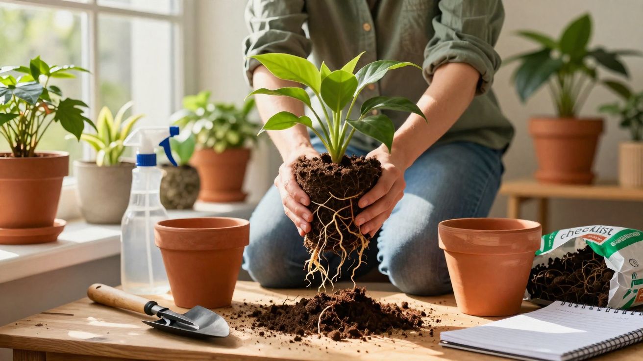 Person repotting a houseplant indoors with gardening tools and soil on a wooden table near a window.