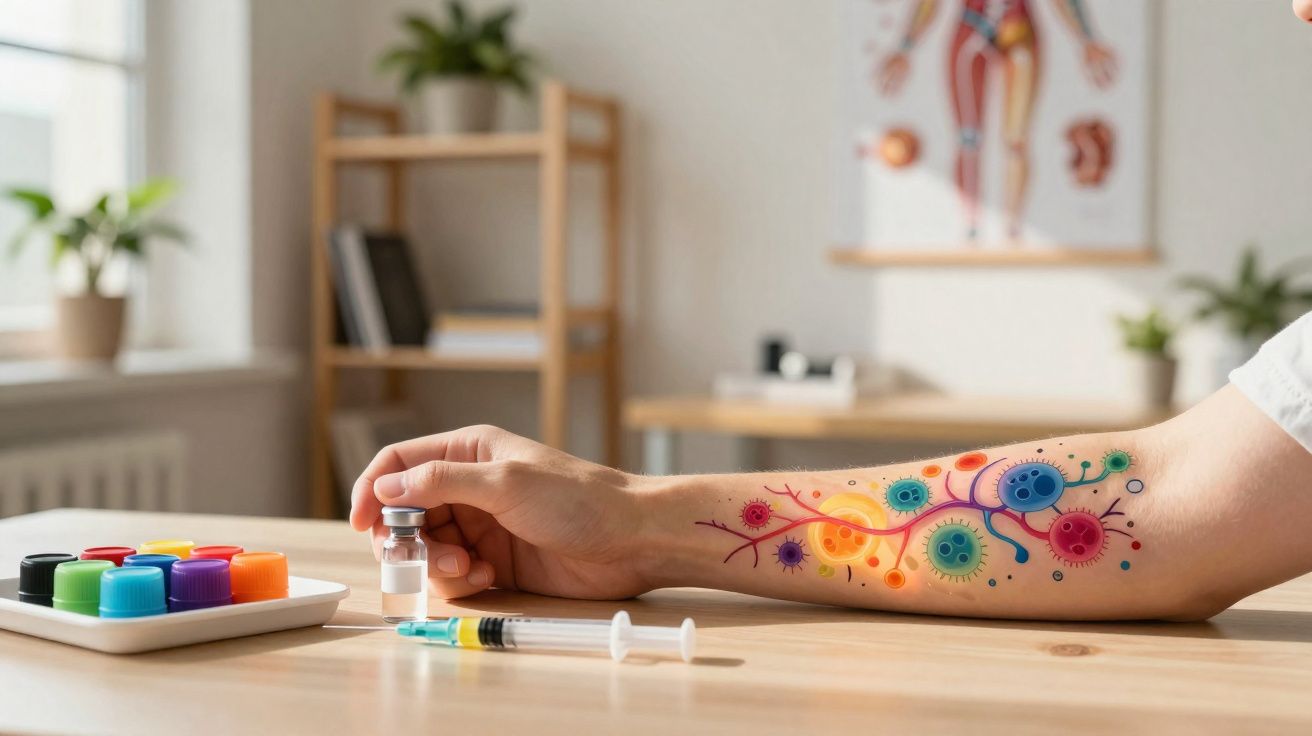 Arm with colourful illustrated germs and viruses holding vaccine vial next to syringe and vaccine pots on table