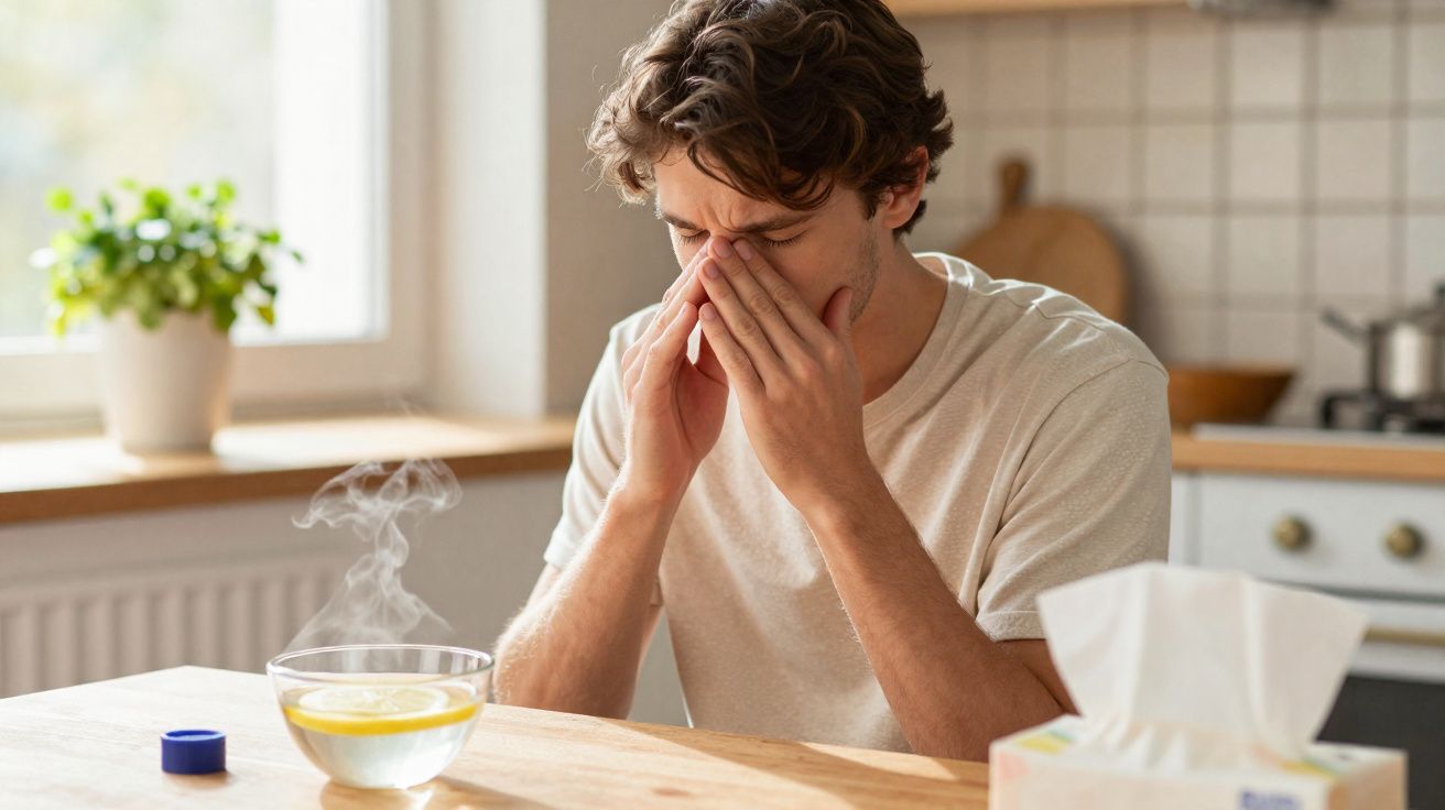Young man in white t-shirt sitting at kitchen table, rubbing his nose with a bowl of steaming lemon water nearby.