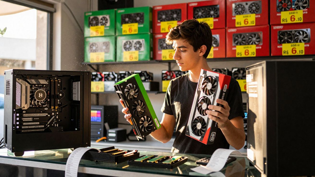 Young man comparing two graphics cards in a computer hardware store with PC components displayed behind him.