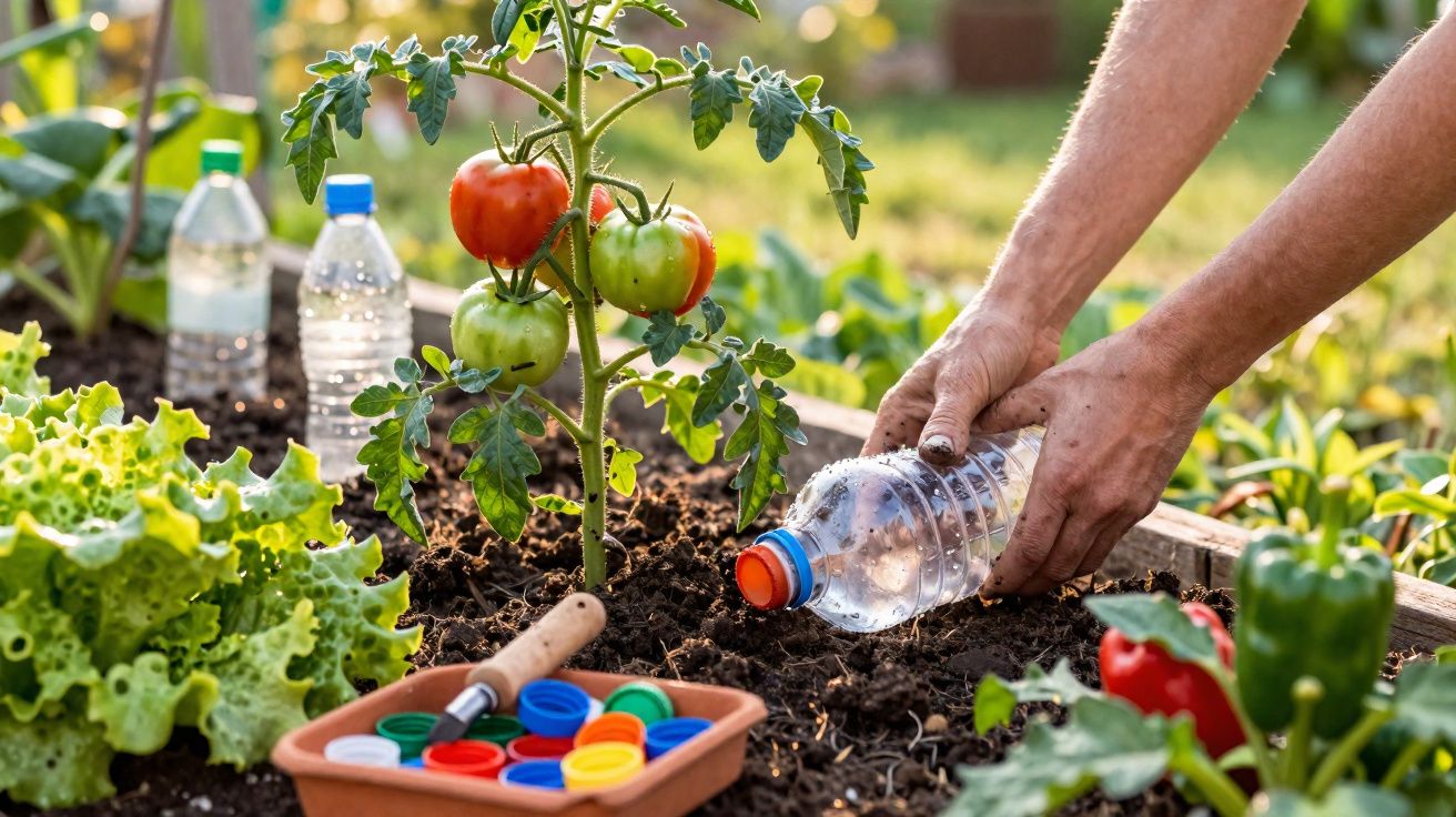 Hands watering a tomato plant in a garden using a plastic bottle with other vegetables and bottle caps nearby.