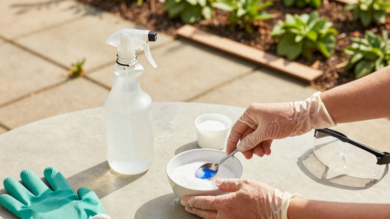 Person wearing gloves mixing cleaning powder in a bowl on a table with spray bottle, gloves, and safety glasses nearby.