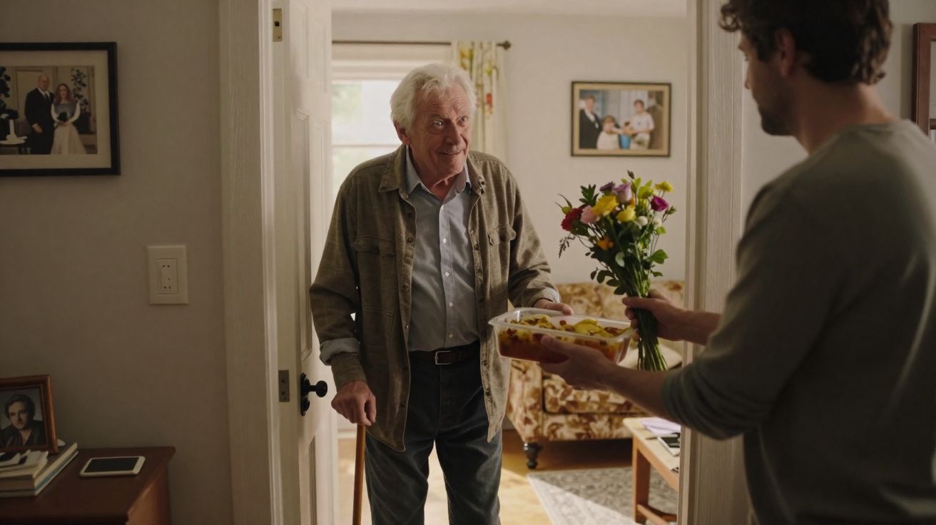 Older man with a walking cane receiving flowers and a tray of food from a younger man at home doorway.