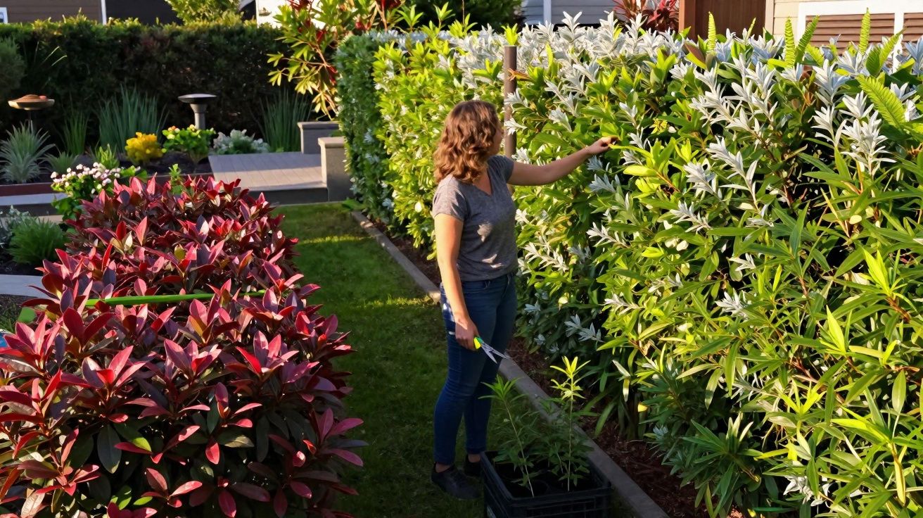 Woman trimming green and white bushes in a well-maintained garden with red-leaved plants nearby.