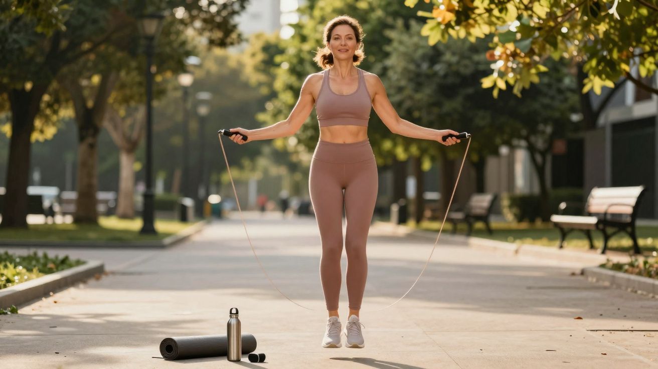 Woman in sportswear skipping with a jump rope on a sunlit park path, with a yoga mat and water bottle nearby.