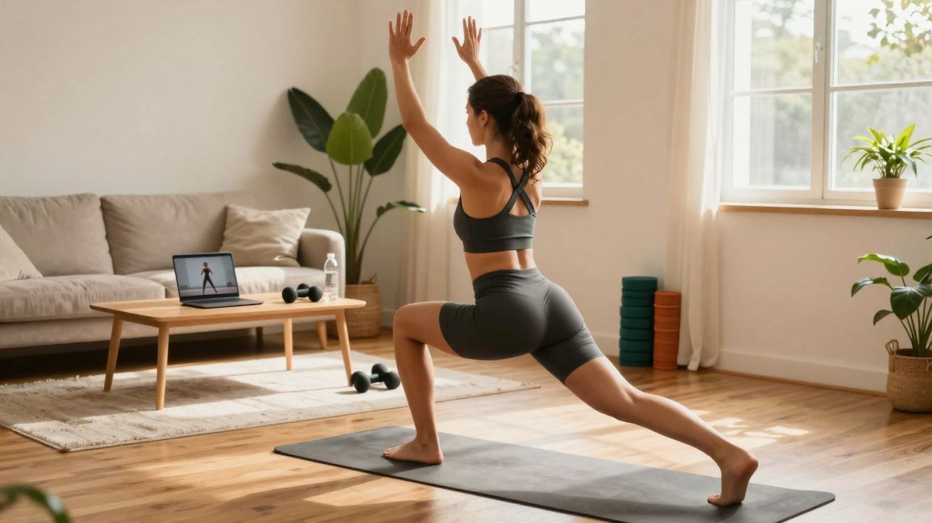 Woman in sportswear doing yoga warrior pose on a mat following an online workout in a bright living room.