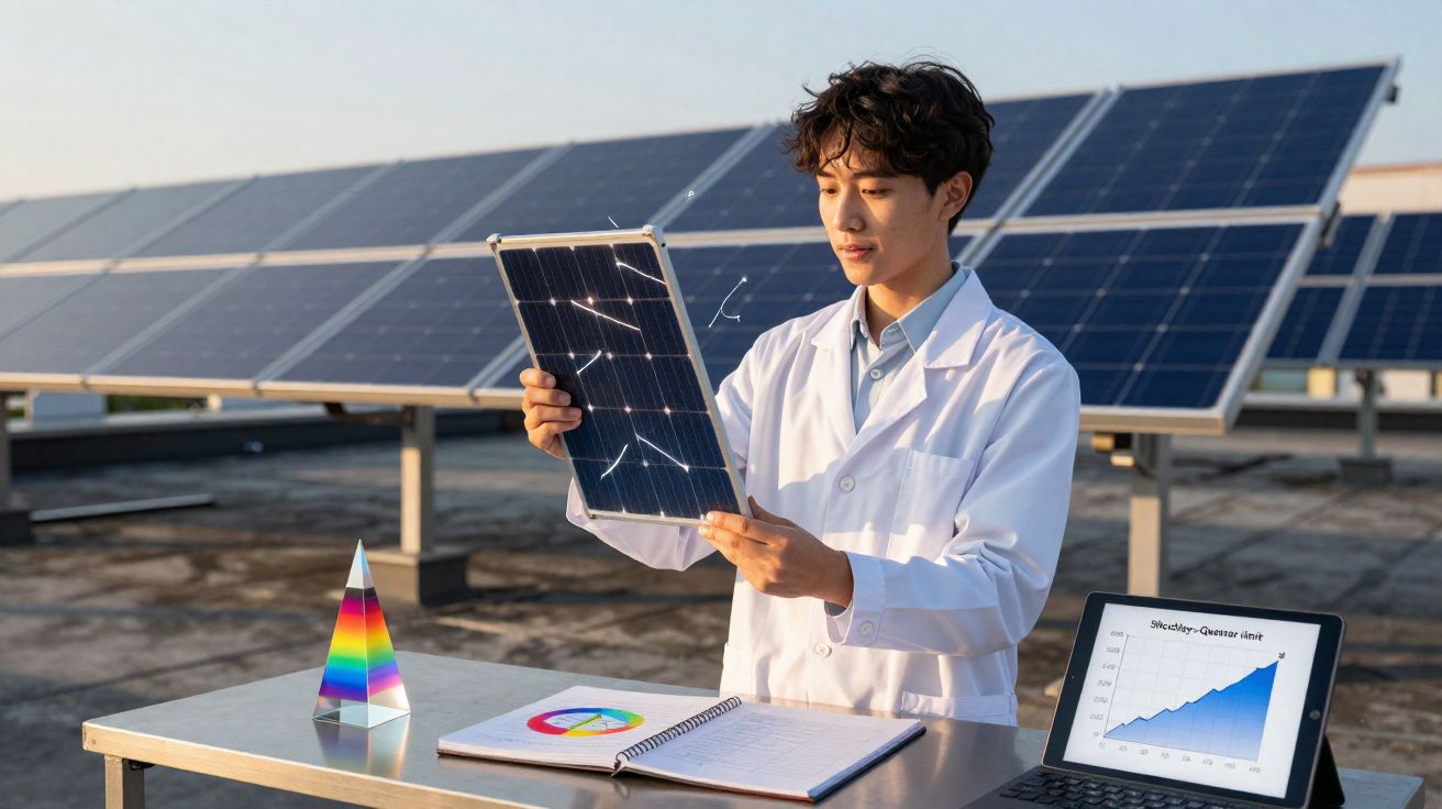 Scientist in a lab coat examining a solar panel with charts and solar panels in the background on a rooftop.
