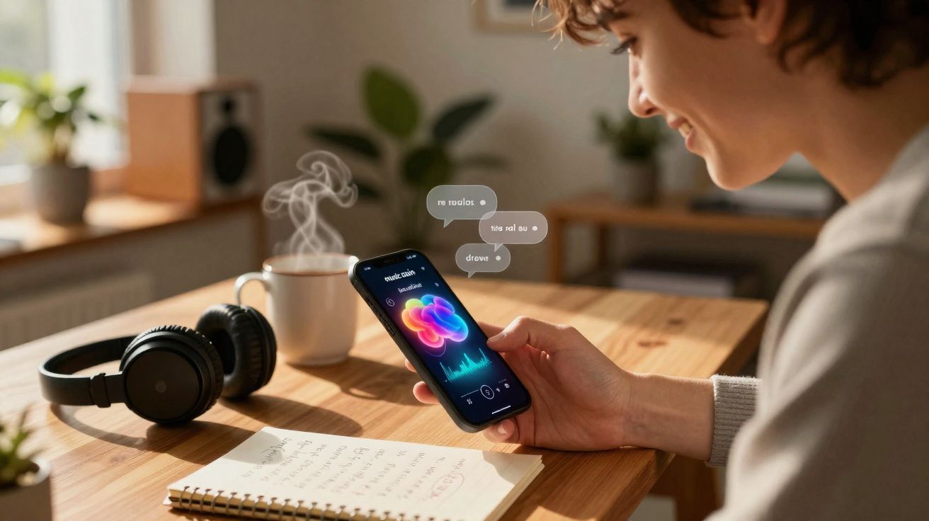 Person holding smartphone showing voice assistant app, with headphones, steaming mug, and notebook on wooden table.