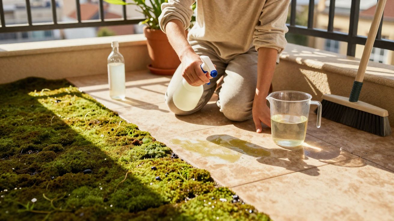 Person kneeling on tiled balcony floor, spraying water on green moss with cleaning bottles and broom nearby.