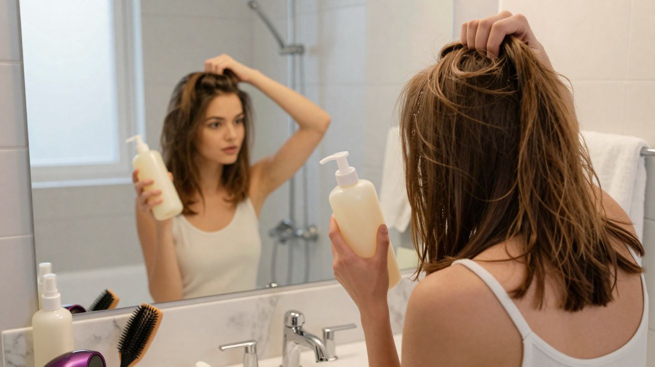 Young woman applying hair product in bathroom mirror while holding a bottle in one hand and running fingers through hair.