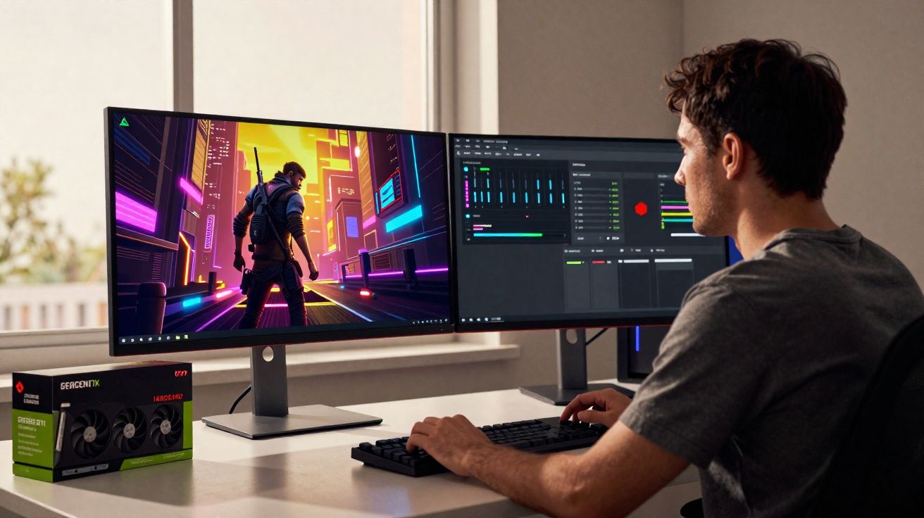 Man using dual monitors with video game and streaming software on a clean desk with a graphics card box nearby.