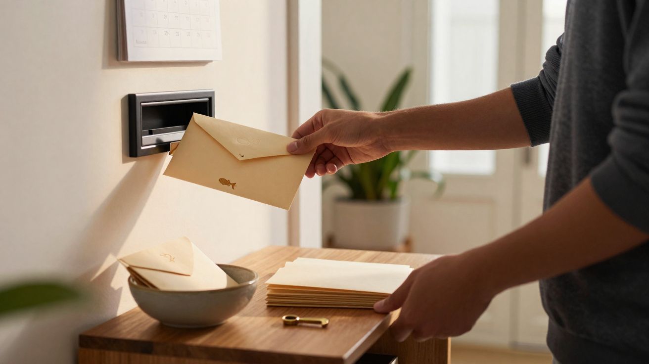 Person placing a sealed envelope into a wall slot above a wooden table with more envelopes and a small key.
