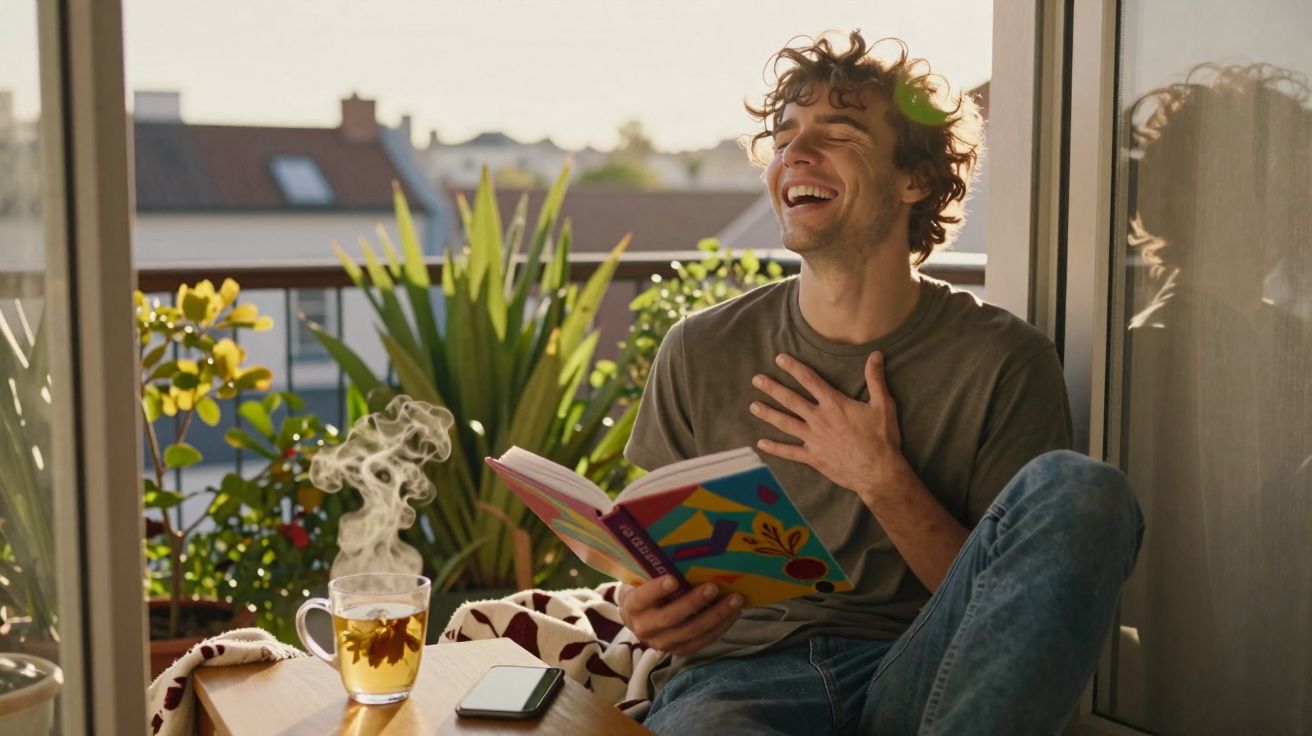 Young man laughing while reading a book on a balcony with plants and a steaming cup of tea nearby.
