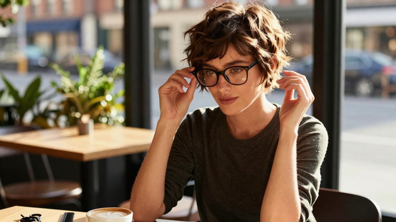Woman with short hair and glasses sitting at a cafe table with a coffee cup and looking thoughtful.