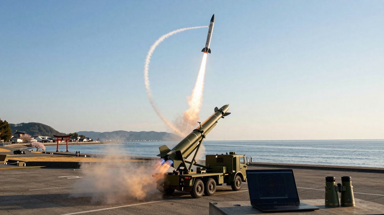 Military truck launching a missile near a calm sea shore with a laptop and binoculars on a table nearby.
