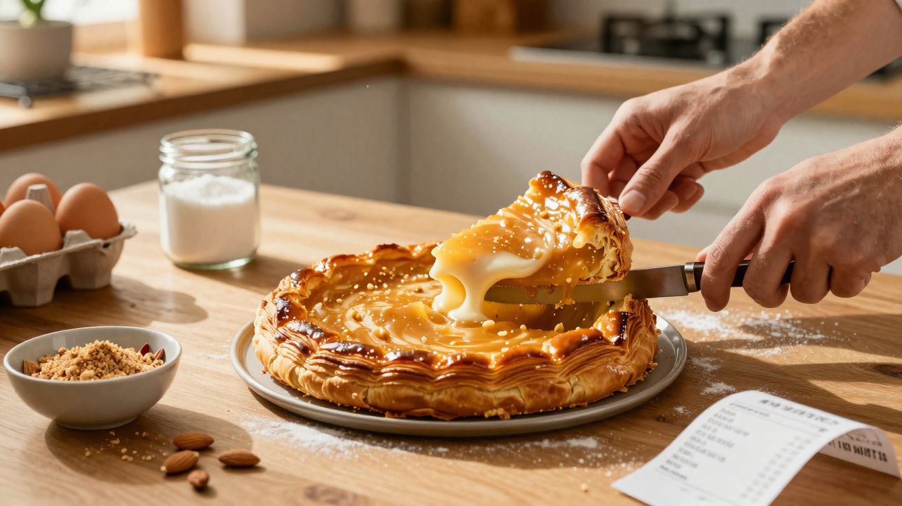 A person cutting a slice of gooey caramel pie on a wooden kitchen table with baking ingredients nearby.