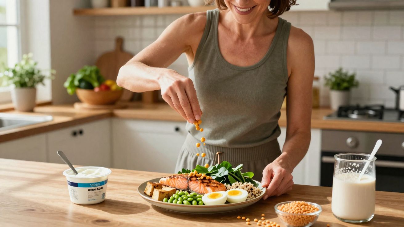 Woman sprinkling lentils on a healthy meal with salmon, eggs, peas, spinach, and grains in a bright kitchen.
