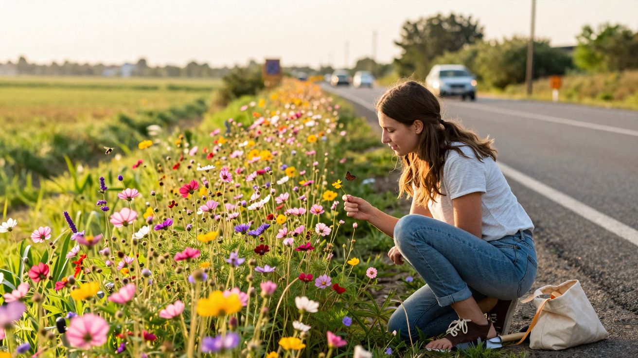 Young woman crouching beside a roadside wildflower meadow on a sunny day, admiring a butterfly.
