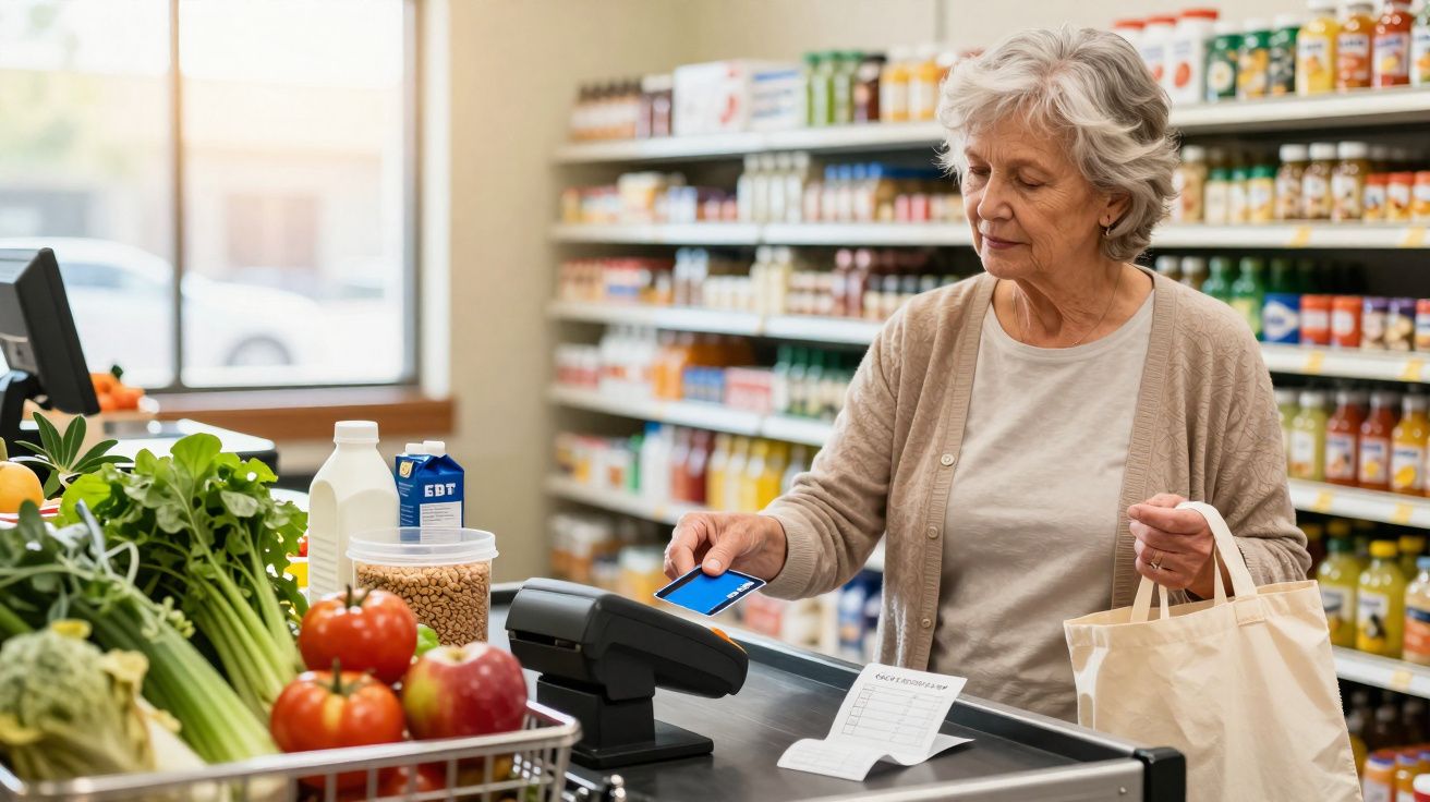 Elderly woman using contactless card to pay for groceries at supermarket checkout with reusable bag.