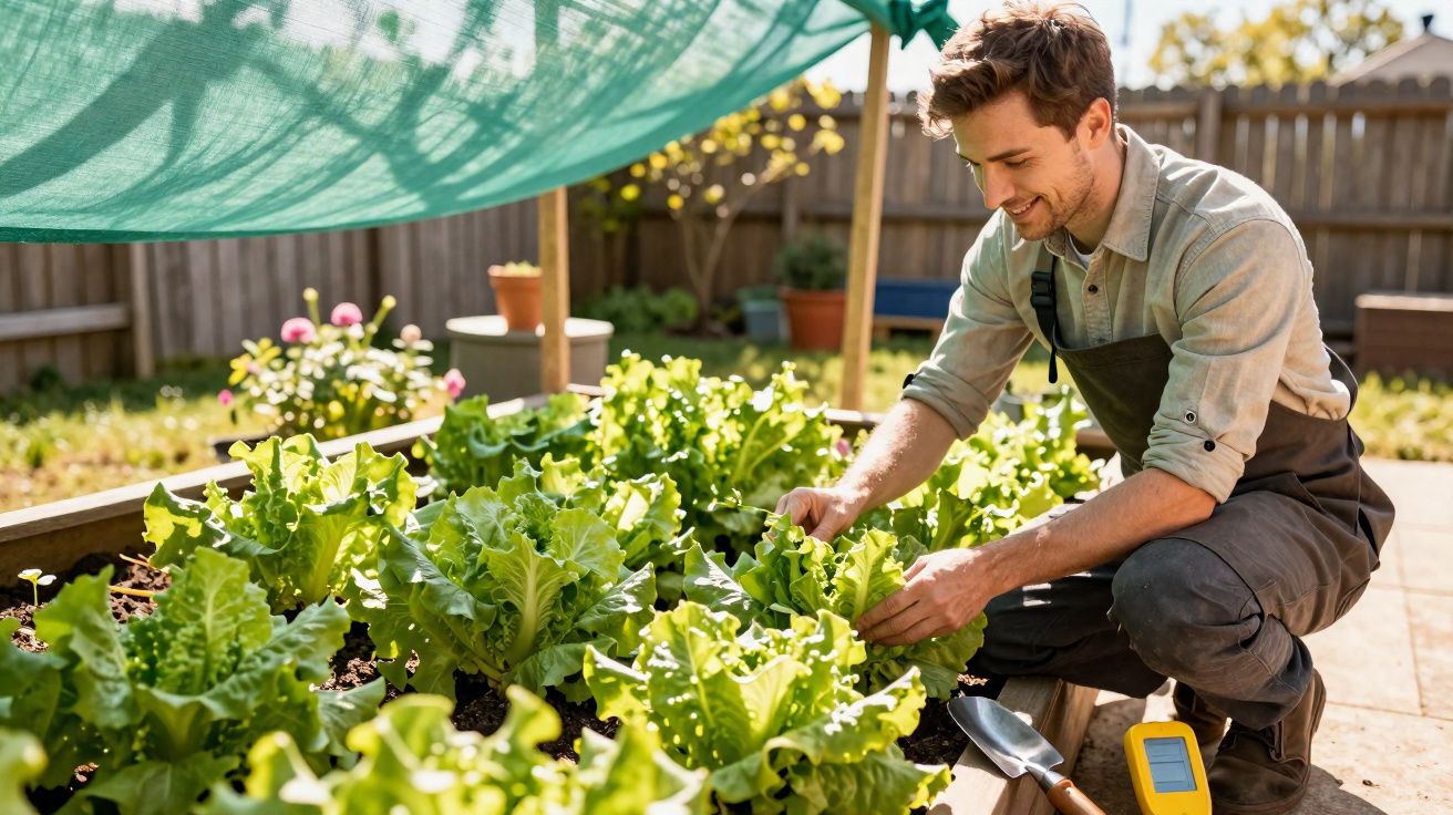 Man tending to green lettuce plants in a raised garden bed under shade netting in a sunny backyard.