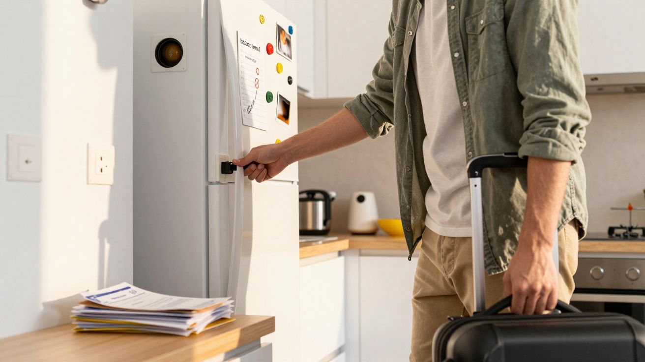 Person in casual clothes opening a white fridge door in a modern kitchen while holding a black suitcase.