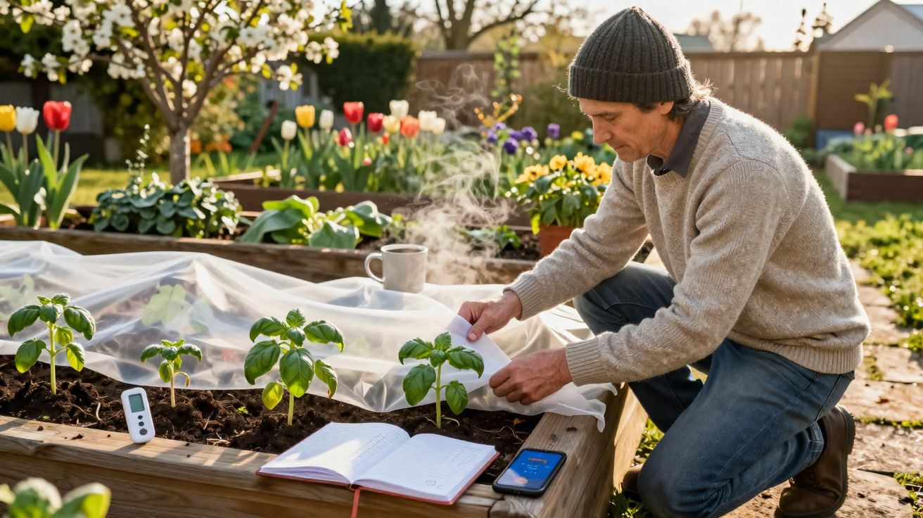 Man in a beanie covering plants with plastic in a garden bed surrounded by flowers with a notebook and phone nearby.