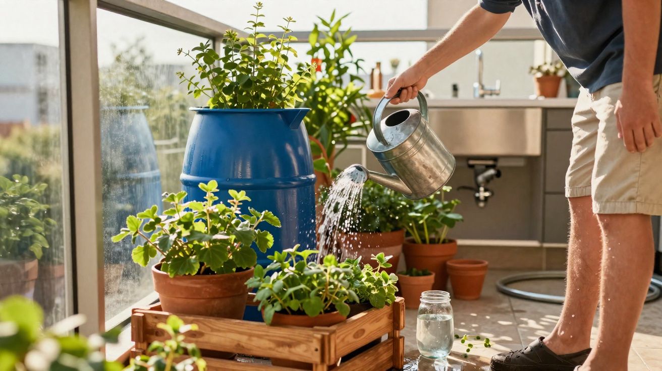 Person watering potted plants on a balcony with a metal watering can in sunny weather.