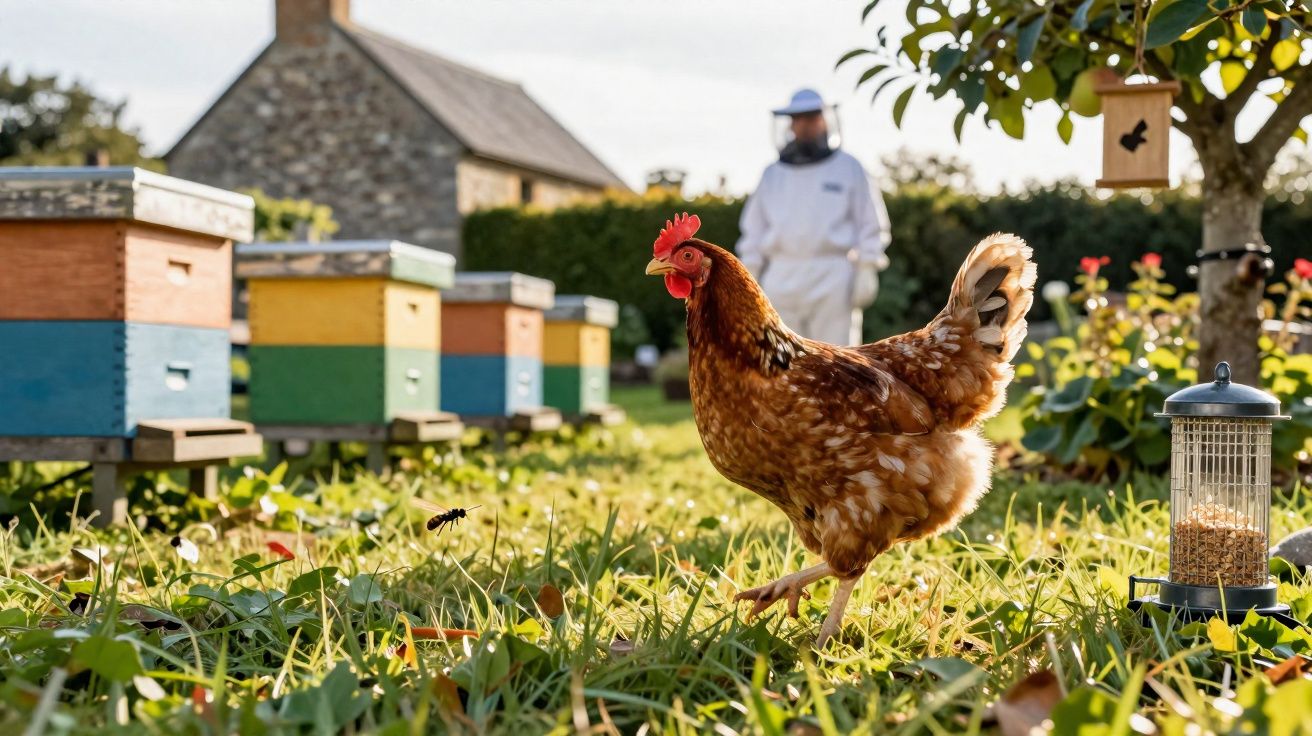 Red hen walking on grass near beehives with beekeeper and bird feeder in background.