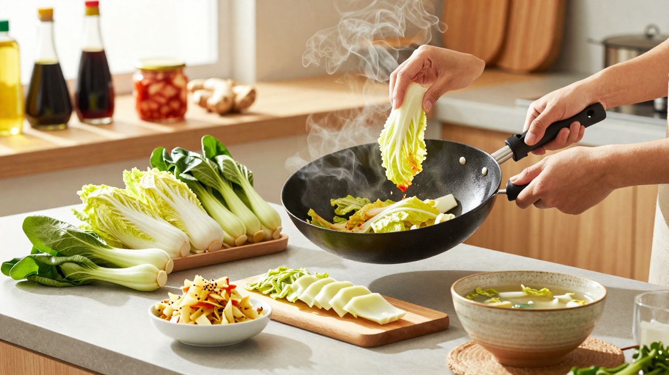 Hands stir-frying napa cabbage in a wok with fresh vegetables and bowls on a kitchen counter.