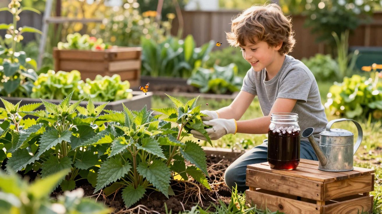 Young boy gardening with gloves, removing leaves from plants beside a watering can in a sunny garden.