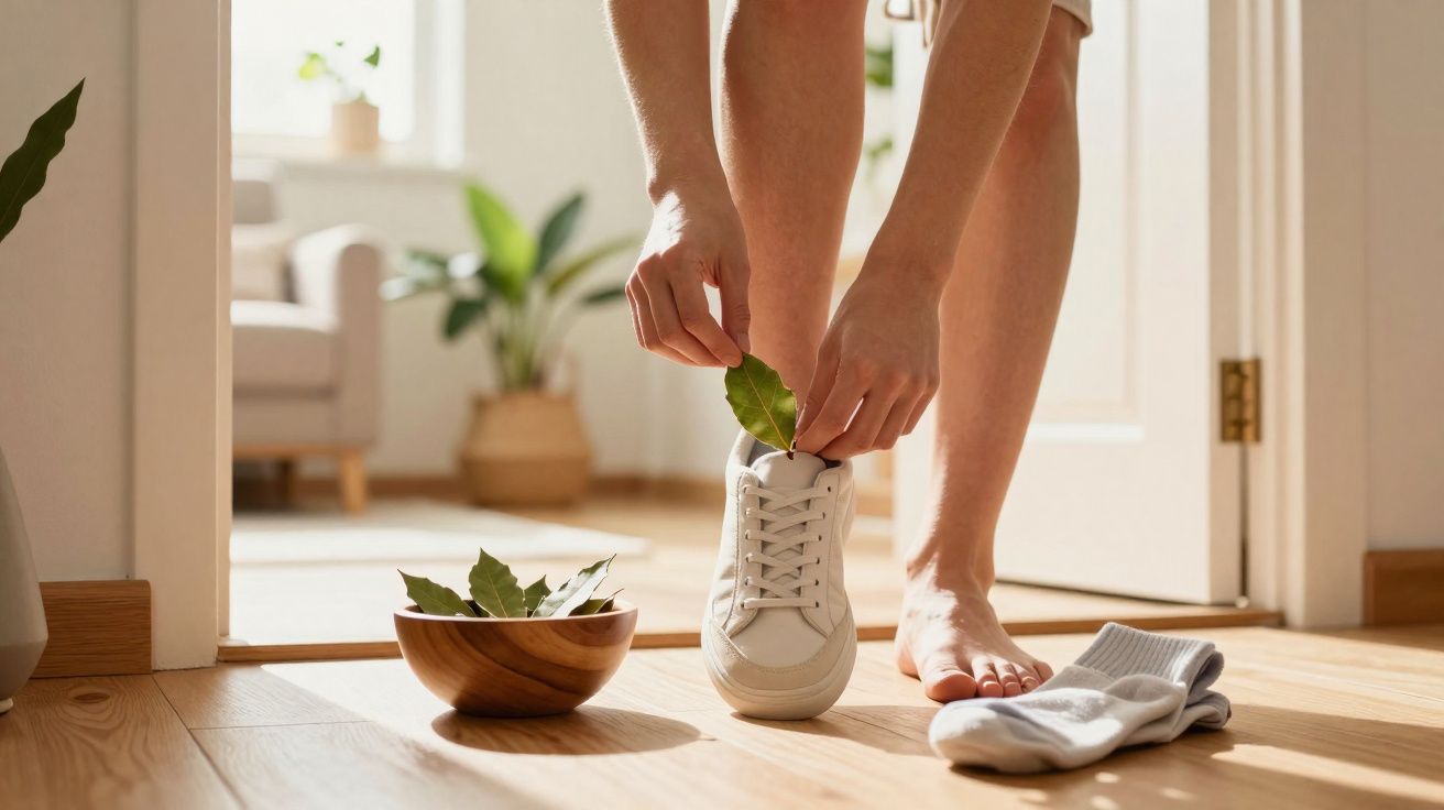 Person placing a green leaf into a white sneaker near a wooden bowl of leaves and a pair of socks on the floor.